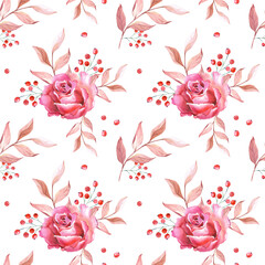 Watercolor pink roses, leaves and red berry. Flowers on a white background.