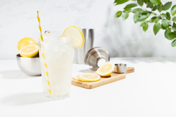 Cooking fresh summer homemade lemonade in misted glass with ingredient, yellow lemons, cutting board, shaker in soft light white kitchen interior with green leaves in sunlight.
