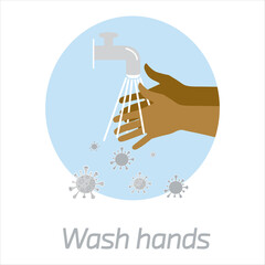 Wash hands promotion with African brown hands and water and bacteria, sanitizing with alcohol and washing your hands, COVID-19. Flat vector illustration.