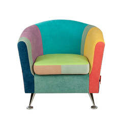 Compact armchair upholstered in colorful multicolored patchwork fabric, isolated on white...