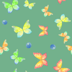 seamless pattern of beautiful butterflies illustration on greenbackground