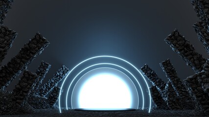 Podium on dark background. Blue violet Led Neon light. 3d render illustration. Empty Base, pedestal, stand with rock, stones, boulder. Technological background for smartphone, tablet ad. 