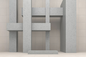 Concrete podium, pedestal, stand on white background. Meditation relaxation, spa therapy and health. 3d render illustration.Stone texture slab structure. 