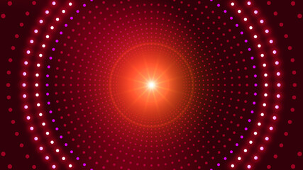Futuristic Glowing Festive Red And Orange Neon Led Circle Dot Tunnel With Light Leaks And Light Beam Lens Flare On Center Background