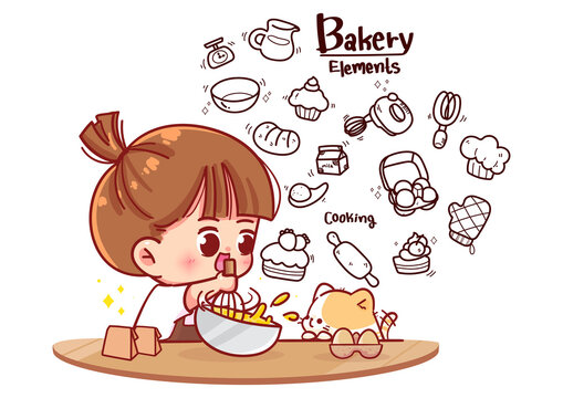 Cute Girl Cooking Kitchen Bakery Doodle Elements Cartoon Art Illustration