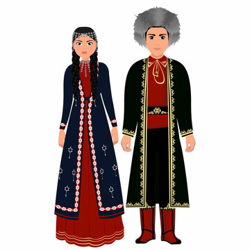 Woman and man in folk national Bashkir costumes. Vector illustration