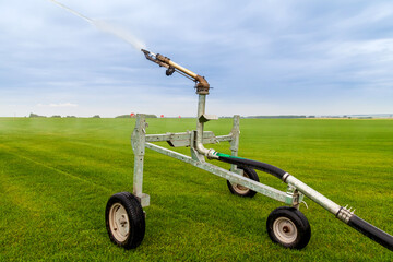 Sprinkler watering agricultural field in the sun Irrigation plant in agriculture under bright sunlight . Agriculture watering spray field.