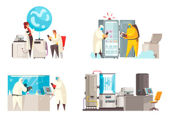 Microbiology Design Concept With Four Compositions Human Characters Biohazard Suits Near Laboratory Equipment Units Illustration