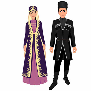 Woman and man in folk national Chechen costumes. Vector illustration