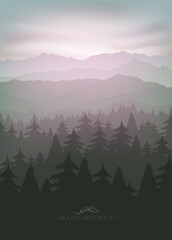 mountain forest in fog and sunrise with stars