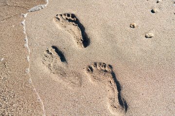 Fototapeta na wymiar footprint of a human on the sandy beach, travel vacation concept