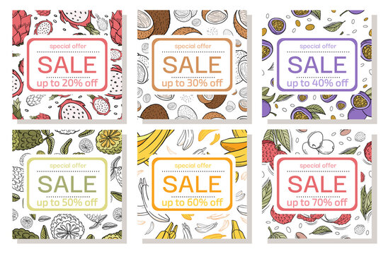 Summer sale  design template set with variouse fruit pattern and 20, 30, 40, 50, 60 and 70% doscount on white background for promotion, banner, poster, highlight. Vector illustration