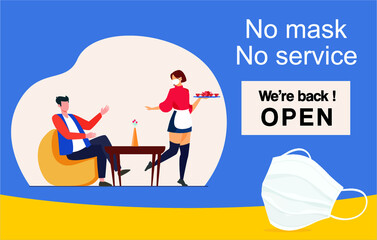 No mask no service.  A waiter in a face mask holds a tray in his hand. Restaurant customer service but the customer did not wear a face mask. The threat of a pandemic COVID-19. 