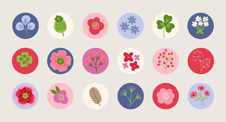 Summer circle icons with poppy, flowers, clover, quatrefoil, leaves