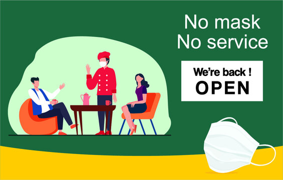 No Mask No Service.  A Waiter In A Face Mask Holds A Tray In His Hand. Restaurant Customers Service But The Customers Did Not Wear A Face Mask. The Threat Of A Pandemic COVID-19. 