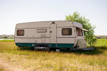 travel freedom with motor home van, camping in the nature spot