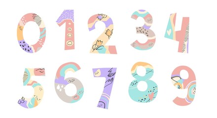 Natural Color set of numbers. Imitation of the applique. Boho style. Design cartoon set with different numbers. Doodle illustrations about school