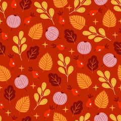 Autumn seamless pattern with leaves, apples, briar, stars. Vector illustration
