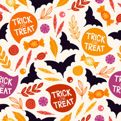 Halloween seamless pattern with bat, leaves, branches, candy. Vector illustration