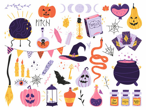 Halloween set with cute magical elements: spell book, magic ball, cauldron, snake, broom and potion. Hand drawn vector elements for stickers, scrapbooking or printing.