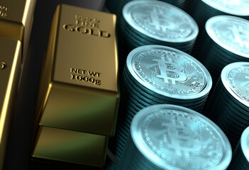 a pile of gold bars and a scattered pile of bitcoins. Placed on table. 3d render