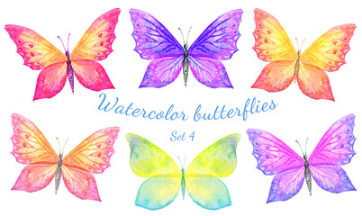 Fototapeta na wymiar Set of 6 beautiful watercolor butterflies
