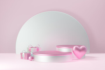 Cosmetic display product stand, Two pink white round cylinder podium with heart sphere and gift box on pink background. 3D rendering illustration.