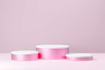 Cosmetic display product stand, Three pink white round cylinder podium on pink background. 3D rendering illustration.