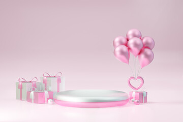 Cosmetic display product stand, Pink white round cylinder podium with balloon sphere and gift box on pink background. 3D rendering illustration.