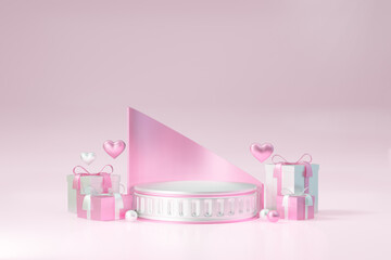 Cosmetic display product stand, Pink white round cylinder roman podium with heart and gift box on pink background. 3D rendering illustration.