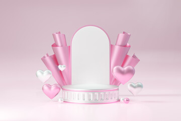 Cosmetic display product stand, Pink white round cylinder roman podium with heart and arch wall on pink background. 3D rendering illustration.