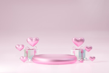 Cosmetic display product stand, Pink round cylinder podium with heart and gift box decoration on pink background. 3D rendering illustration.