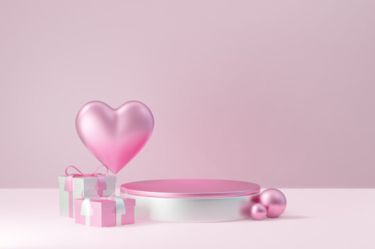 Cosmetic display product stand, Pink white round cylinder podium with heart sphere and gift box on pink background. 3D rendering illustration.