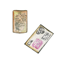 Watercolor antiques. letter,mail, envelopes, vintage items for writing.Candelabra. Books in a pile and paper for letters.letter,mail,Vintage paper background isolated on white. Hand Drawn watercolor 