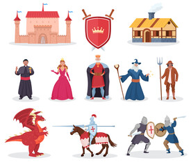 Medieval character, fantasy dragon and middle age building. Knight warrior, queen, princess and king, magician person for fairytale and story legend vector illustration isolated on white background