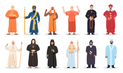 Religion leader and religious priest of different confession. Set of various faith belief prayer in muslim, christian, judaism, buddhism mantle uniform vector illustration isolated on white background