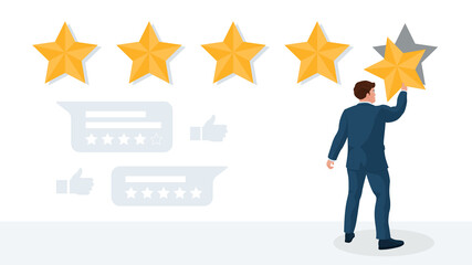 Rating star feedback evaluation, marketing review service. Client or customer voting for good quality giving five star rate, showing positive opinion and satisfaction vector illustration