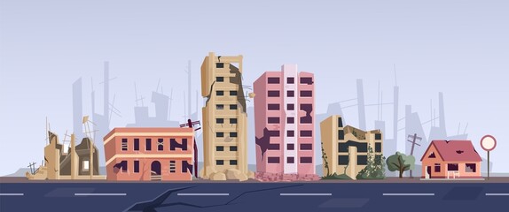 Ghetto street with ruined abandoned house and old building. Dilapidated dwellings stand on roadside, destroyed broken town ruins after explosion, natural disaster war or earthquake vector illustration - obrazy, fototapety, plakaty