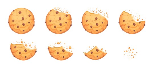 Whole, broken and bitten cookie with chocolate crisps. Round homemade chip biscuit, delicious pastry snack crumbs, bakery bite dessert vector illustration isolated on white background