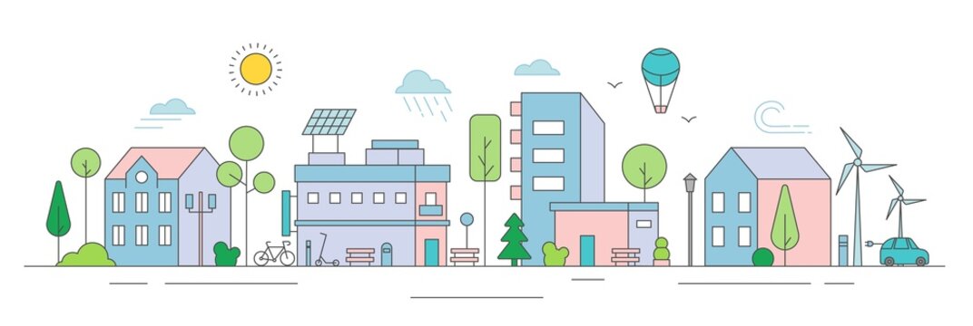 Eco city landscape with house flat design scenery. Real estate building exterior with solar panel, wind turbine generate alternative energy to save nature, environment conservation vector illustration
