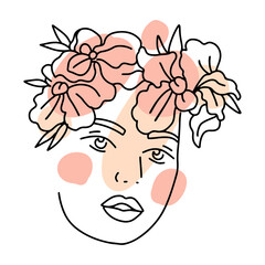 Orchid Flowers in woman head. Nature cosmetics. Black and white line drawing vector illustration with abstract shapes.