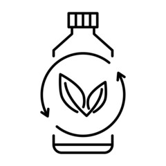 Biodegradable plastic, sign. Icon of plastic bottle with green leaves. Turns to plant concept. Eco friendly compostable material production. Zero waste, nature protection concept
