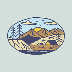 Camping adventure with mountains graphic illustration vector art t-shirt design