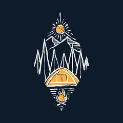 Camping adventure with beauty nature and camp fire graphic illustration vector art t-shirt design