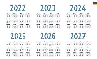 German Calendar for 2022, 2023, 2024, 2025, 2026, 2027. Week starts on Monday