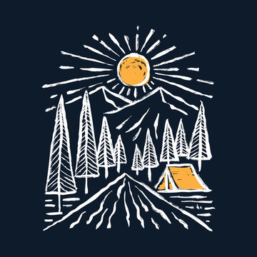 Camping adventure with beauty nature and sunrise graphic illustration vector art t-shirt design