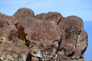 Petroglyphs in the lava rock at Rano Kau volcano, Easter Island