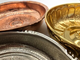 Turkish bath bowl copper and nickel, colorful and vintage embroided bowls and plates.
