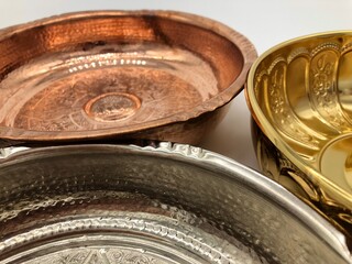 Turkish bath bowl copper and nickel, colorful and vintage embroided bowls and plates.