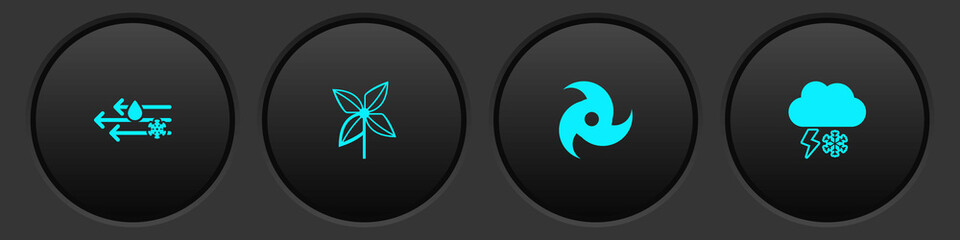 Set Wind and rain with snow, Pinwheel, Tornado and Cloud lightning icon. Vector